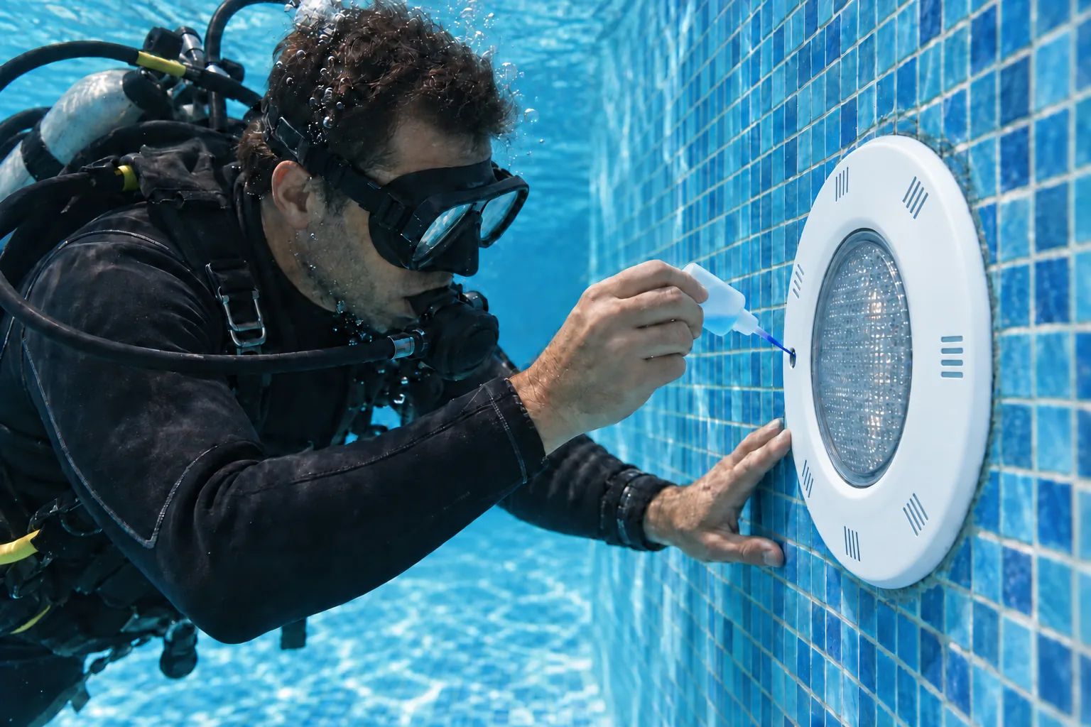 Revisión de focos de luz para detectar fugas de agua en piscinas